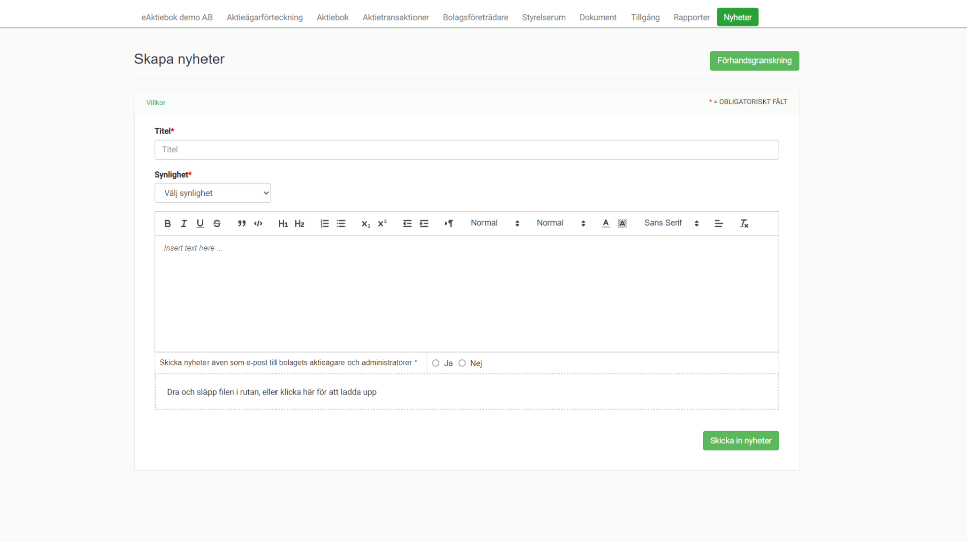 Skapa nyheter i eAktieboks nyhetstjänst